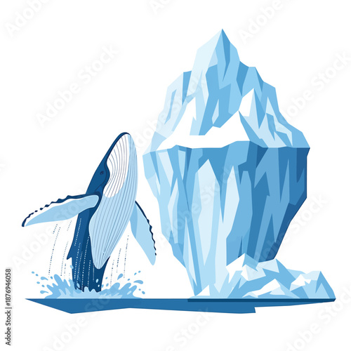 Magnificent humpback whale breaches out of the ocean water near a colossal iceberg, showcasing the stunning power and beauty of marine life in cold Arctic waters