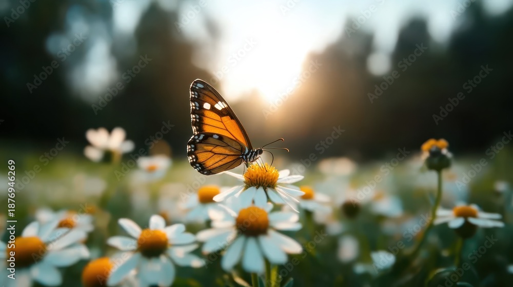 Obraz premium A stunning monarch butterfly rests delicately on a vibrant floralscape, illuminated by the warm glow of the setting sun, capturing a moment of natural beauty and tranquility.