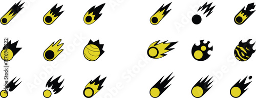 Stylized yellow and black meteor icons in grid layout showcasing motion, impact, and celestial design for space-themed graphic illustration