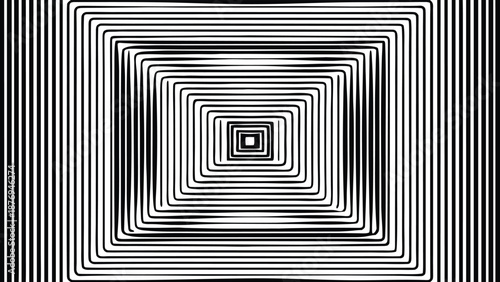 Black and white optical illusion of receding squares with wavy lines abstract background