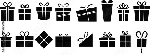 Gift box and present silhouettes set with ribbons and bows, minimal black holiday and birthday package icons collection isolated on white background illustration