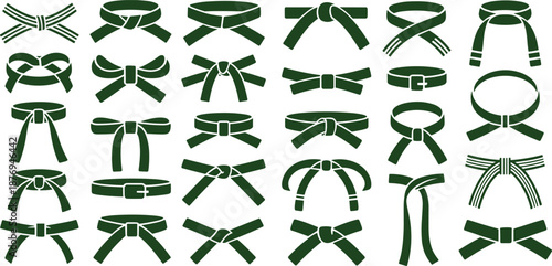 Martial arts belt knot silhouettes set showing karate, judo and taekwondo belts, training ranks and traditions, green belt collection isolated on white background