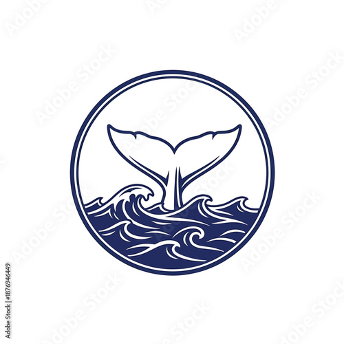 Whale Tail and Ocean Waves Vector Graphic in Circular Frame, Marine Life Symbol for Nautical Themes, Coastal Branding, and Nature-Inspired Designs