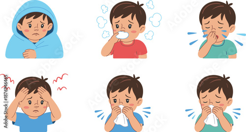 Cartoon child showing illness symptoms like chills, cough, headache, sneezing, crying, and nasal congestion for pediatric health and hygiene education illustration