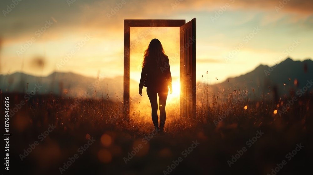 Fototapeta premium A striking silhouette of a woman stepping through an open door, illuminated by golden sunlight, representing new beginnings, opportunities, and personal growth.