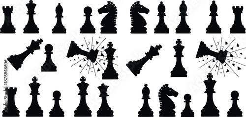 Chess pieces silhouettes set showing king, queen, rook, bishop, knight and pawn, strategy game icons with checkmate and broken pieces illustration isolated on white background