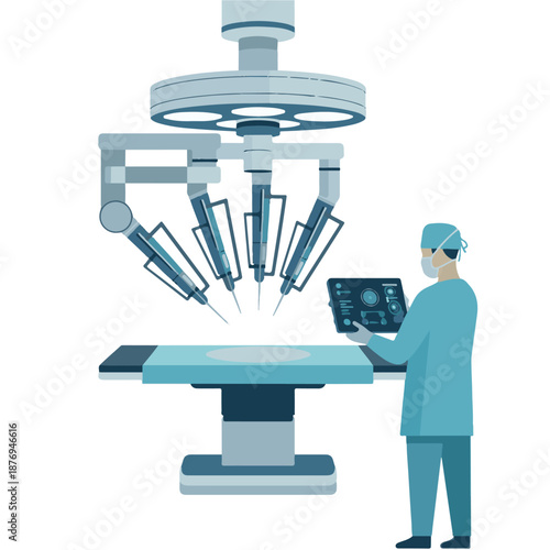 Robot-assisted surgery illustration showcases advanced technology, precision, healthcare, and modern medicine.