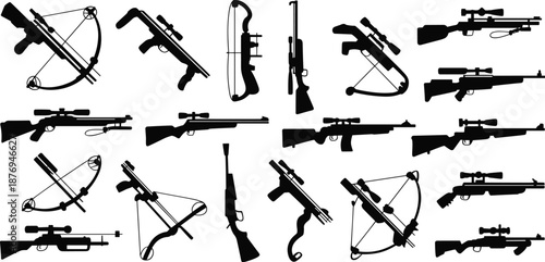 Black weapon silhouettes in grid layout featuring rifles, shotguns, bows, and crossbows for firearm comparison, design reference, and educational illustration