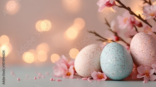 A delightful arrangement of colorful, glittering Easter eggs nestled among blooming flowers, evoking feelings of joy and celebration during the spring season.