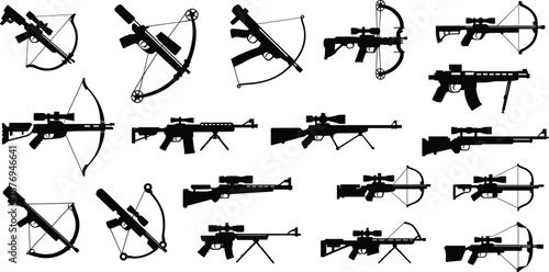 Hybrid weapon silhouettes combining firearms and crossbows in grid layout for conceptual design, speculative illustration, and futuristic combat reference