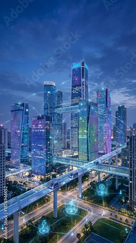 Futuristic Smart City Network High Tech Cityscape Neon Glow Over Modern Skyscrapers Vertical Video
