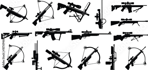 Crossbow and sniper rifle silhouettes set featuring modern hunting and tactical weapons, military shooting equipment icons collection illustration isolated on white background
