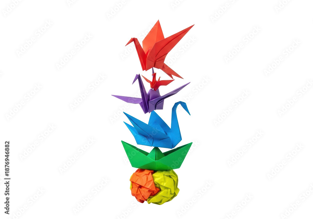 Obraz premium Meticulously balanced stack of five vibrant origami figures, red bird soaring, transparent background, subtle reflection, studio lighting. Concept of delicate balance and aspiration
