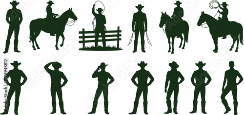 Cowboy silhouettes in dynamic poses with lassos, horses, and fences showcasing traditional Western culture, ranch life, and rodeo heritage illustration
