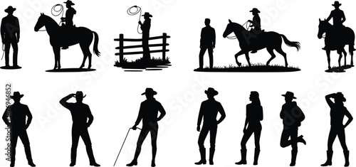 Cowboy and horse silhouettes collection showing western riders, lasso scenes and ranch poses, American Wild West lifestyle and rodeo culture icons illustration isolated on white