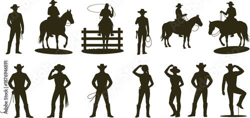 Cowboy and horse silhouettes set featuring western riders, ranch poses and lasso actions, American Wild West lifestyle and rodeo culture icons illustration isolated on white