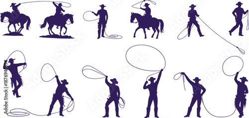 Silhouetted cowboys with lassos in dynamic poses on horseback and foot, showcasing traditional western skills and rodeo culture illustration