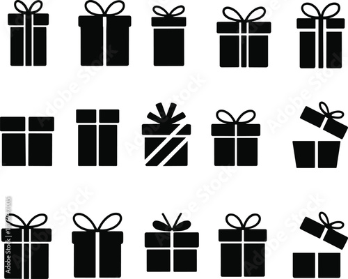 Black gift box icons in grid layout showcasing diverse ribbon styles and lid designs for holiday, celebration, and decorative graphic illustration