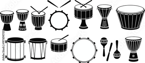 Percussion musical instruments silhouettes set including drums, tambourine and maracas, rhythm and music icons collection illustration isolated on white background