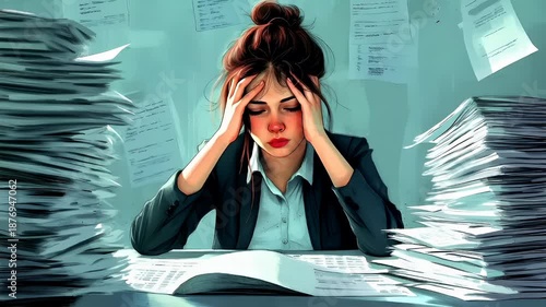 Tax return season. A digital artwork portraying a stressed woman in an office setting. The style is realistic with a touch of fantasy.