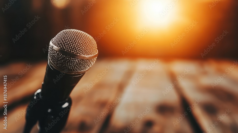 Obraz premium A close-up of a microphone, perfectly positioned for use during a live performance, showcasing its metallic texture against a beautiful backlight, filled with energy.