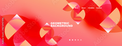 Abstract geometric background. Red, orange hues dominate design. Navigation menu present, dots indicate sections. Modern, vibrant aesthetic.