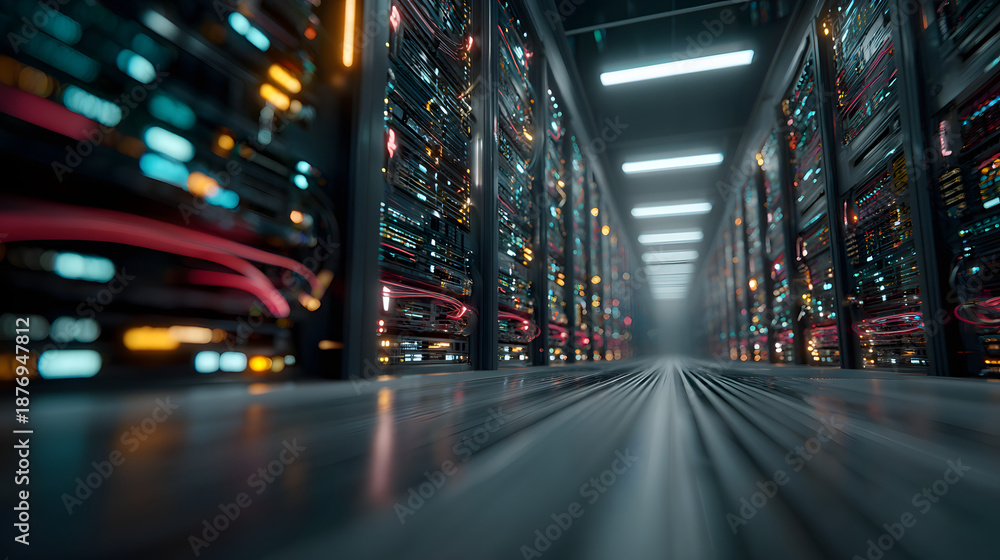 Fototapeta premium High-Speed Global Data Network in Server Room with Motion Blur Effect