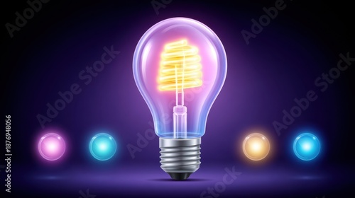 Colorful glowing light bulb with neon filaments and vibrant spheres on a dark background, representing innovation and creativity in design