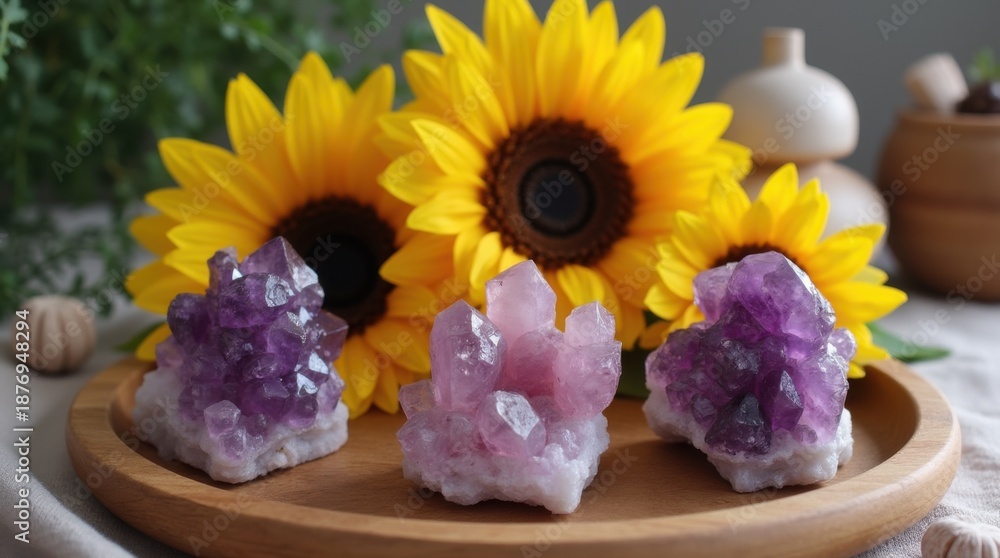 Fototapeta premium Sunflower altar with amethyst rose quartz clusters on wooden tray