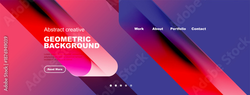 Abstract geometric background. Vibrant pink, purple hues blend. Website header design includes navigation, text, button. Modern style.