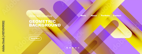 Abstract geometric background design. Vibrant colors, layered shapes, navigation menu present. Modern aesthetic, inviting presentation.