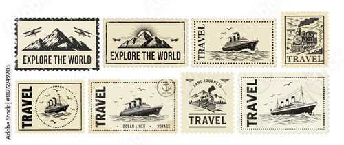 Vintage travel postage stamps with transport icons