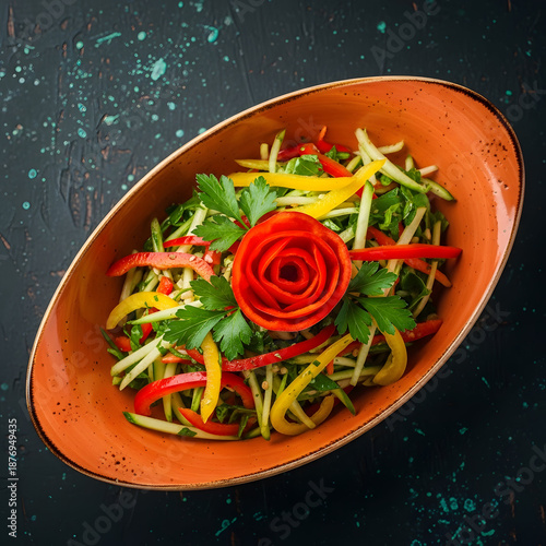 Title: Fresh vegetable salad with a decorative carrot rose in an orange bowl on a dark background