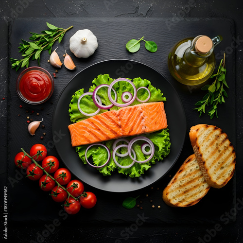 Title: Fresh salad with sliced cucumbers, tomatoes, and red onions on a black plate with fresh herbs