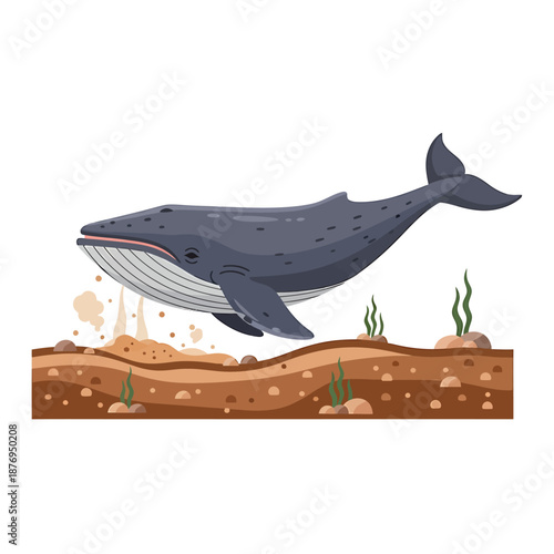 Majestic blue whale gracefully swimming deep underwater, exploring the sandy seabed with marine plants, an illustrative depiction of ocean life and underwater ecosystem