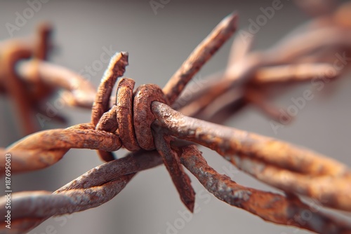 Rusty barbed wire close-up shows sharp points and twists against a blurred background in natural light