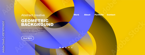 Modern website header design. Vibrant colors, geometric shapes, text overlay, navigation menu present. Clean aesthetic.