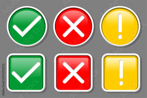 Professional glossy green check mark red cross and yellow exclamation mark vector buttons set isolated on dark background for UI UX design web interface application status symbols