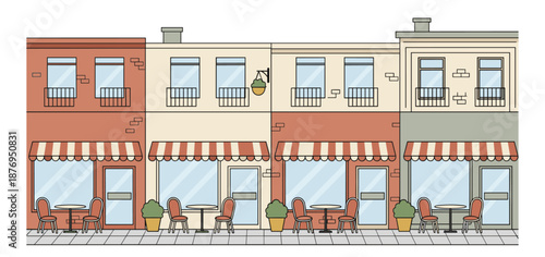 Colorful illustration of a row of charming storefronts with outdoor seating