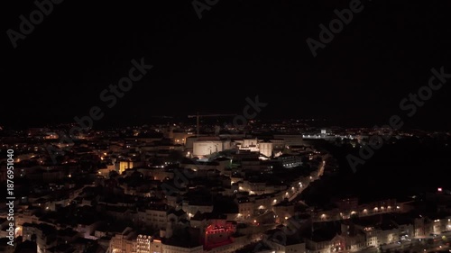 Night Panorama of Coimbra. University and Old Town Above the River, Aerial
