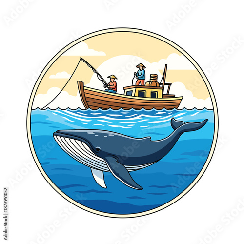 Vibrant ocean ecosystem illustration with fishermen on a boat above a majestic blue whale, highlighting marine life and human activity in a serene environment