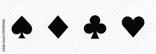suite deck playing card on transparent background. Four playing card suits icons set. Suit deck of playing cards on  Vector icon . Cards symbols. Diamonds, hearts, clubs, spades symbol or sign set eps