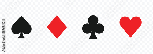 suite deck playing card on transparent background. Four playing card suits icons set. Suit deck of playing cards on  Vector icon . Cards symbols. Diamonds, hearts, clubs, spades symbol or sign set eps