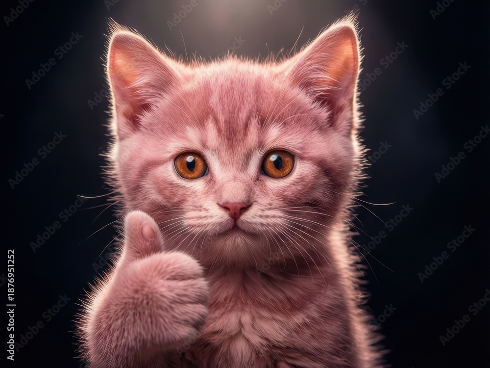 Fototapeta premium Adorable pink kitten with amber eyes giving a thumbs-up against a dark black background. Playful, charming, and whimsical portrait with soft spotlight lighting.