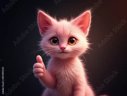 Adorable pink kitten with amber eyes giving a thumbs-up against a dark black background. Playful, charming, and whimsical portrait with soft spotlight lighting.

