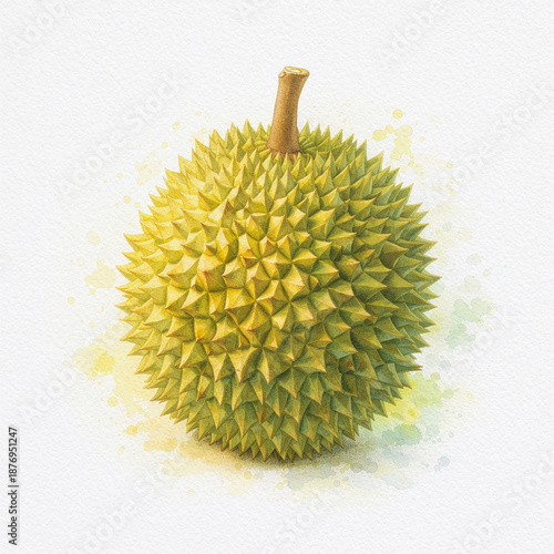 Tropical durian fruit with yellow pulp, watercolor illustration
