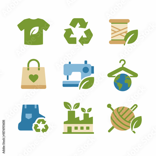 Sustainable fashion icons: recycling, eco-friendly materials, sewing, and upcycling