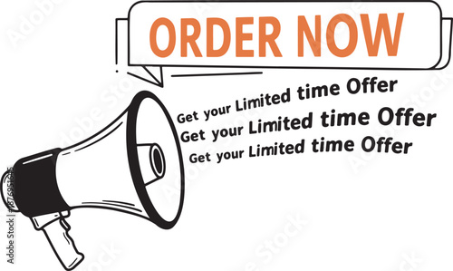 Dynamic megaphone graphic announcing 'order now' in a bold orange speech bubble promoting limited time offers with repeated text ideal for sales and marketing campaigns