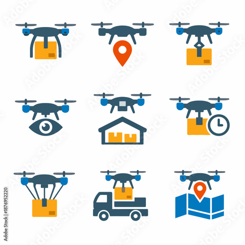 Drone delivery icons set featuring maps, packages, and timely shipping concepts