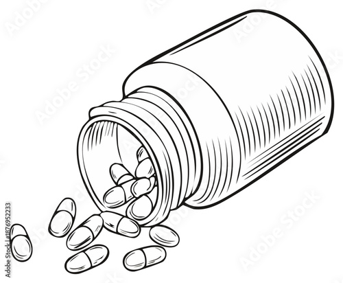 Drawing of medical capsules spilling out of an open medicine bottle